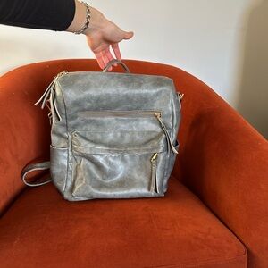 Grey Faux Leather Backpack with Colorful Shoulder Strap